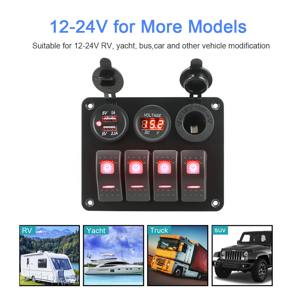 4 Buttons Rocker Switch Panel Voltmeter USB Chargers 3.0 Light Toggle - Nautica auto Marin heaven