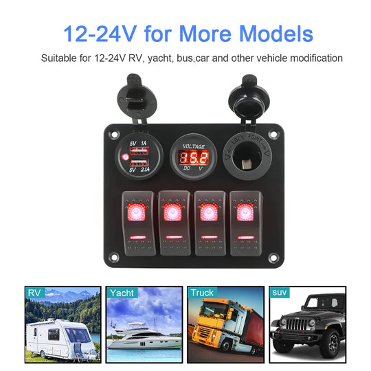 4 Buttons Rocker Switch Panel Voltmeter USB Chargers 3.0 Light Toggle - Nautica auto Marin heaven