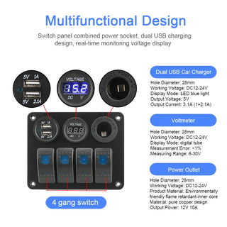 4 Buttons Rocker Switch Panel Voltmeter USB Chargers 3.0 Light Toggle - Nautica auto Marin heaven