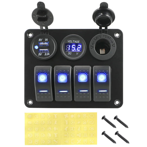 4 Buttons Rocker Switch Panel Voltmeter USB Chargers 3.0 Light Toggle - Nautica auto Marin heaven