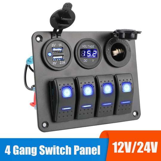 4 Buttons Rocker Switch Panel Voltmeter USB Chargers 3.0 Light Toggle - Nautica auto Marin heaven