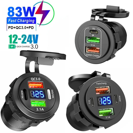 New Car USB Charger PD3.0 & QC3.0 Fast Charging Socket with Voltmeter - Nautica auto Marin heaven