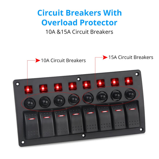8 Gang Marine Boat Rocker Switch Panel With Circuit Breakers LED - Nautica auto Marin heaven