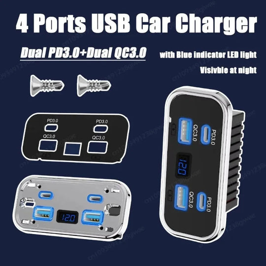 NEW 4-Port 12-24V RV USB Outlet Fast Car Charging Dual PD3.0 Dual - Nautica auto Marin heaven