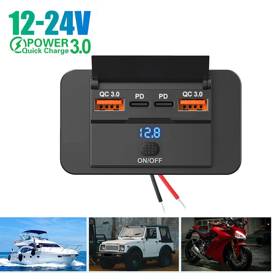 12V 24V USB Outlet Car Charging 4-Ports Dual PD Dual QC3.0 USB C - Nautica auto Marin heaven